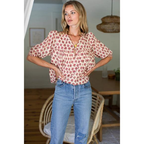 India Collection by Emerson Fry Isla Floral Puff Babydoll Top Cream/Pink XS/S - Picture 1 of 12